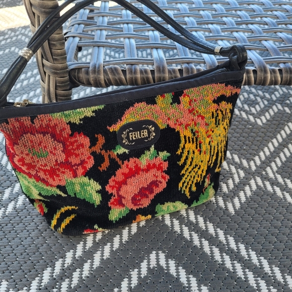 Feiler Handbag Floral Pattern Botanical Popular Black - Picture 1 of 7